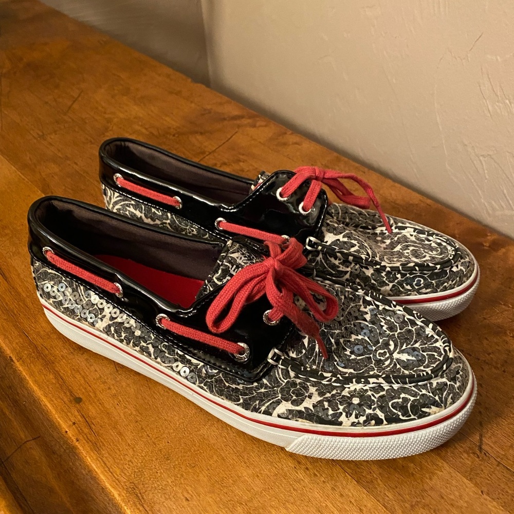 Sperry Womens Black Sequin Top Sider Shoes Red Sole Sz 8 M
